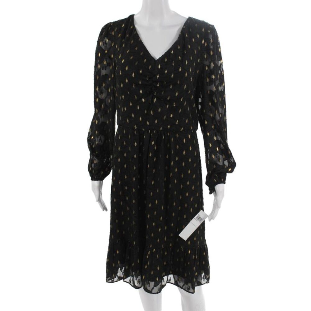 London Times Womens Fit & Flare Dress Black V-Neck Long Sleeve Size 8